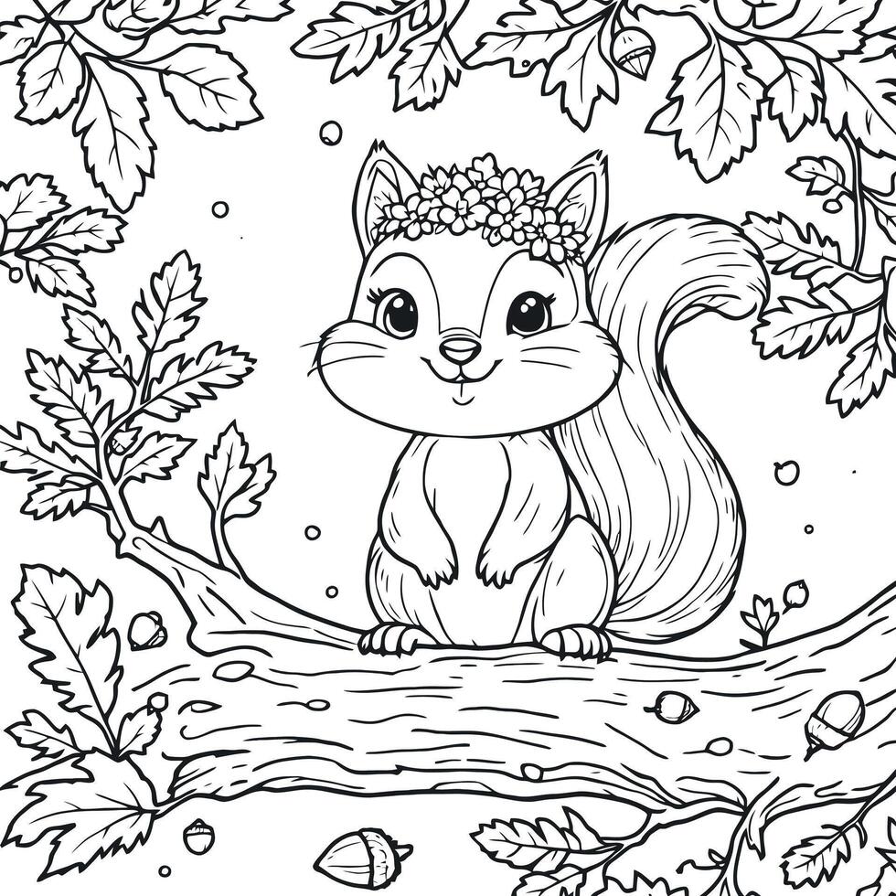 Cute Squirrel on Branch with Leaves and Acorns Coloring Page for Kids vector