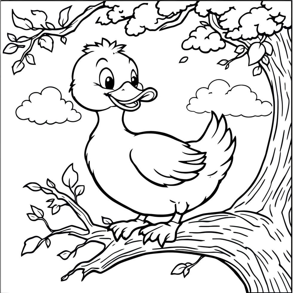 Cute Duckling On The Tree Branch A Beautiful Coloring Page for Children vector