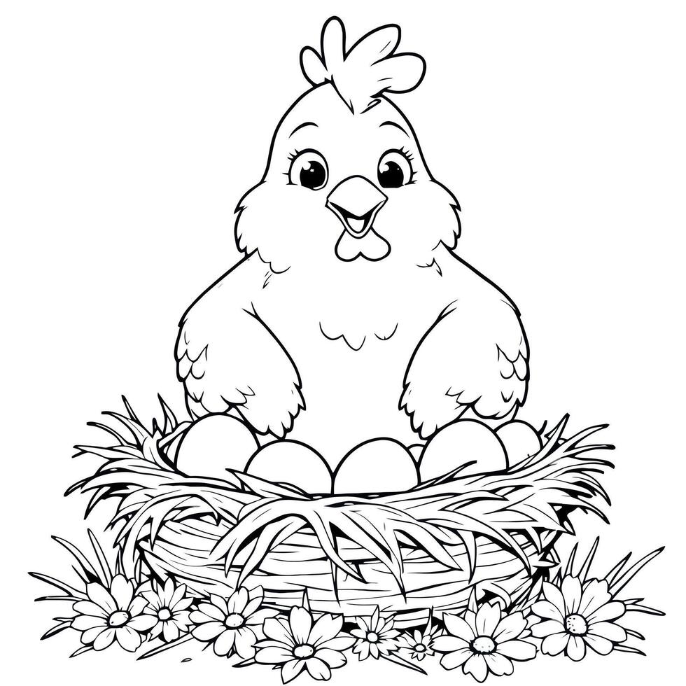 Delightful Hen and Eggs in Nest Coloring Page For Kids and Adults vector