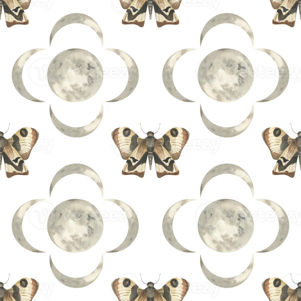 Night moth and lunar elements watercolor seamless pattern. Hand drawn romantic magic background with butterflies, mysterious astronomy pattern for esoteric card, wallpaper, fabric design png