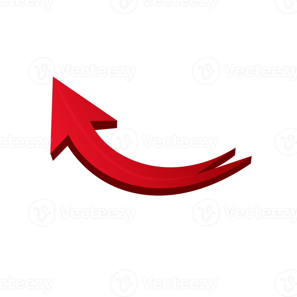 Red 3d arrow curved pointer symbol pointing up left direction on transparent background png