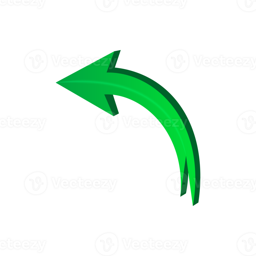Green 3d arrow curved pointer symbol pointing up left direction on transparent background png