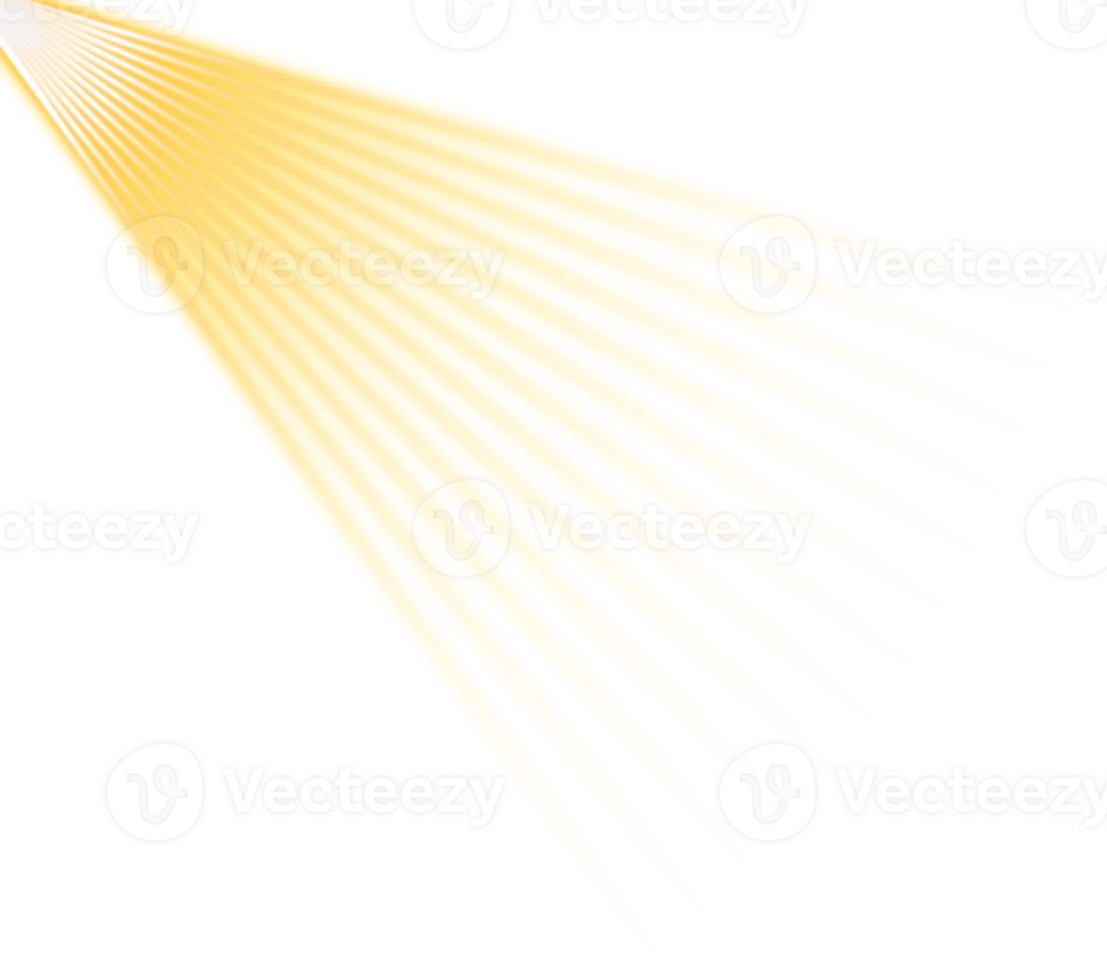 Golden glowing light beam rays explosion with sunshine flare and yellow sparkle effect on transparent background png