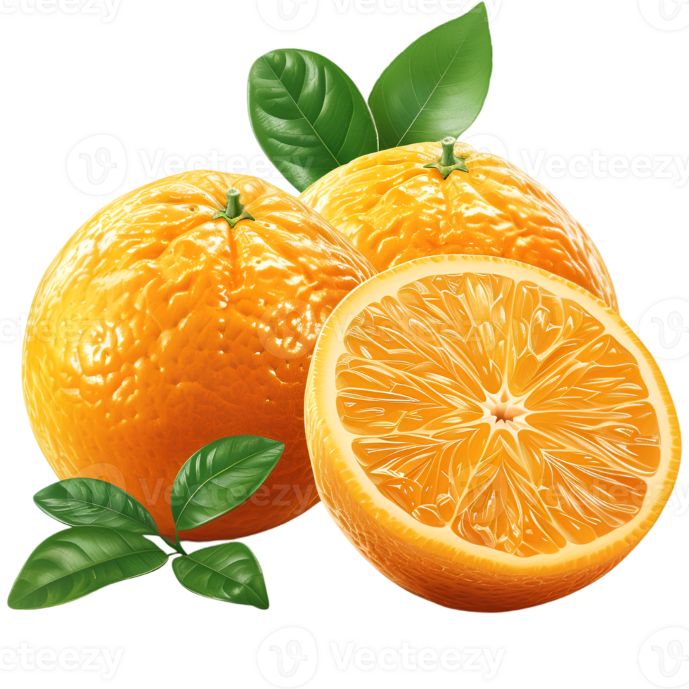Two whole oranges one sliced orange with green leaves png