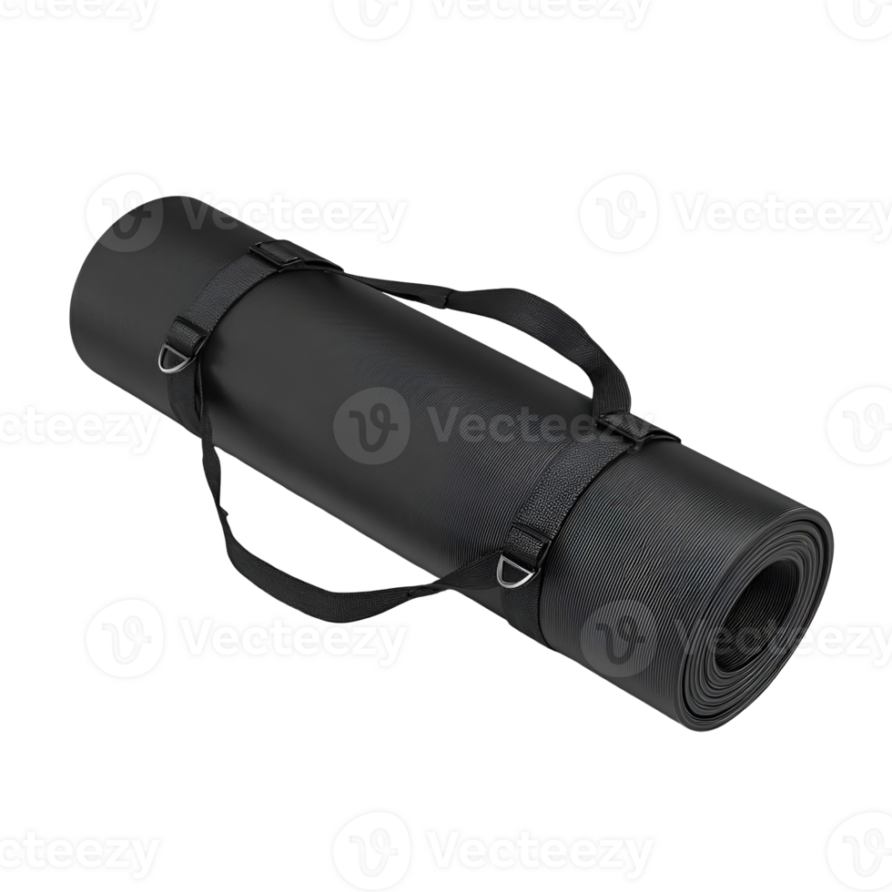 Rolled black exercise mat with carrying straps perfect for workouts yoga or fitness png