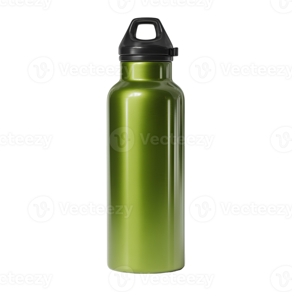 Olive green water bottle with black lid and carrying handle png