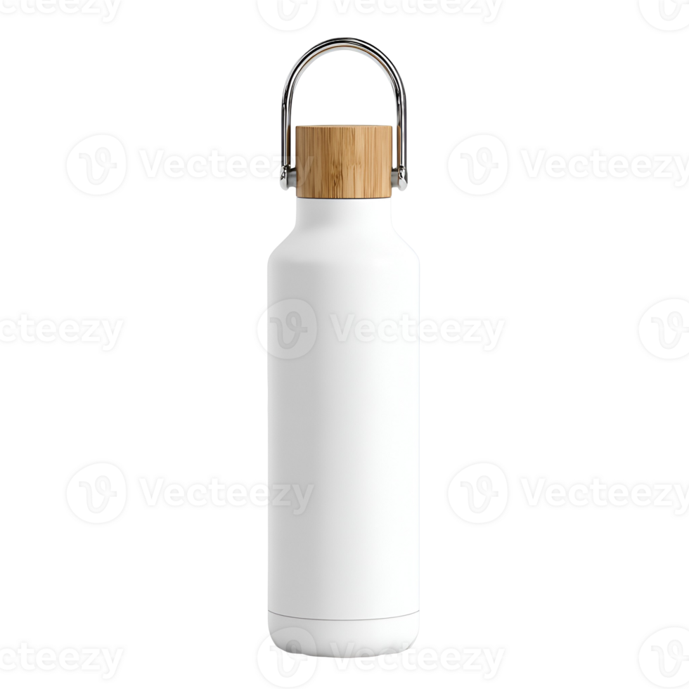 White water bottle with bamboo top and metal handle eco friendly design png