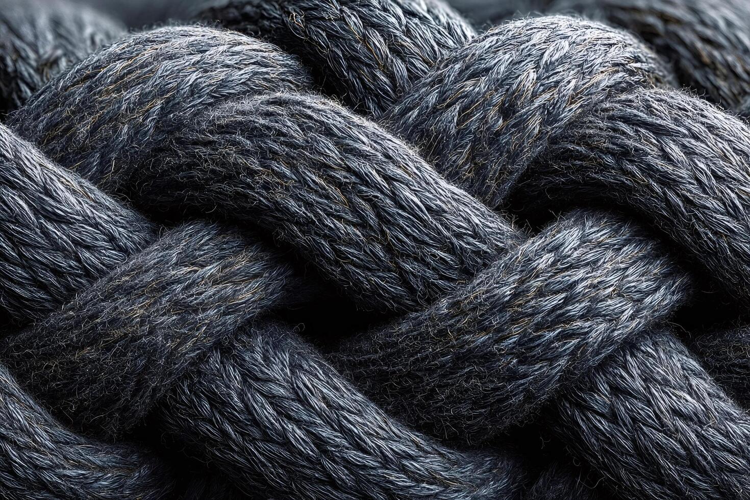 Intertwined strands forming intricate woven pattern of dark gray rope photo