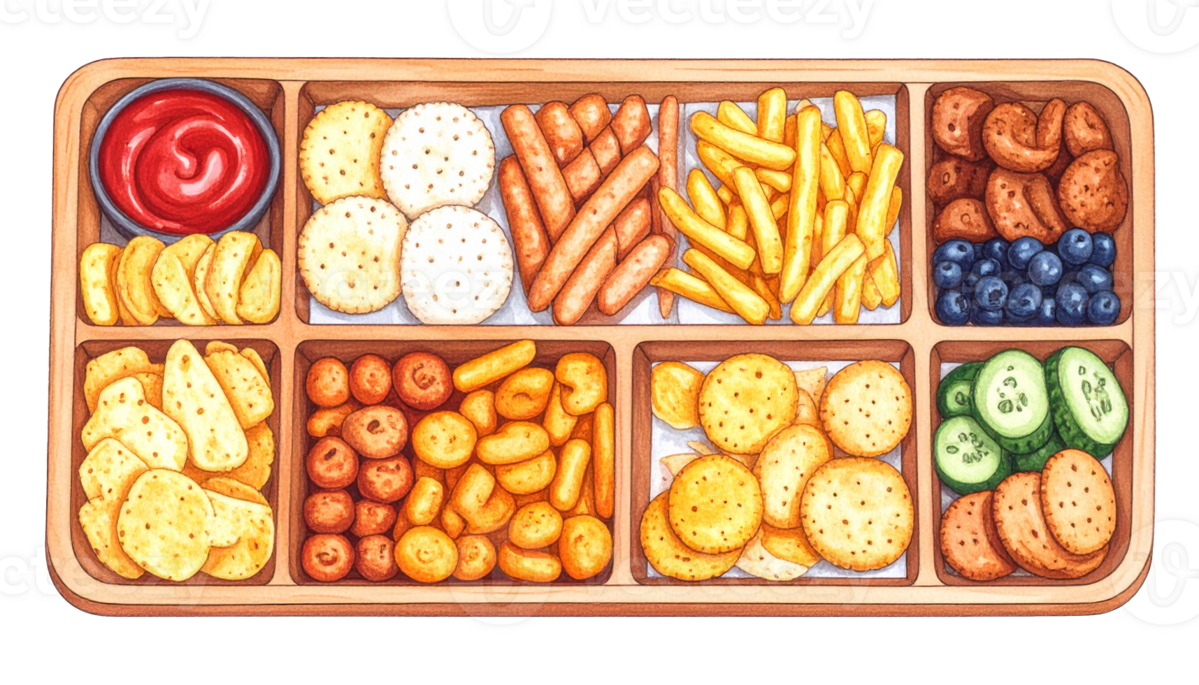 Assorted Snacks on Wooden Tray. A Colorful Variety of Finger Foods png