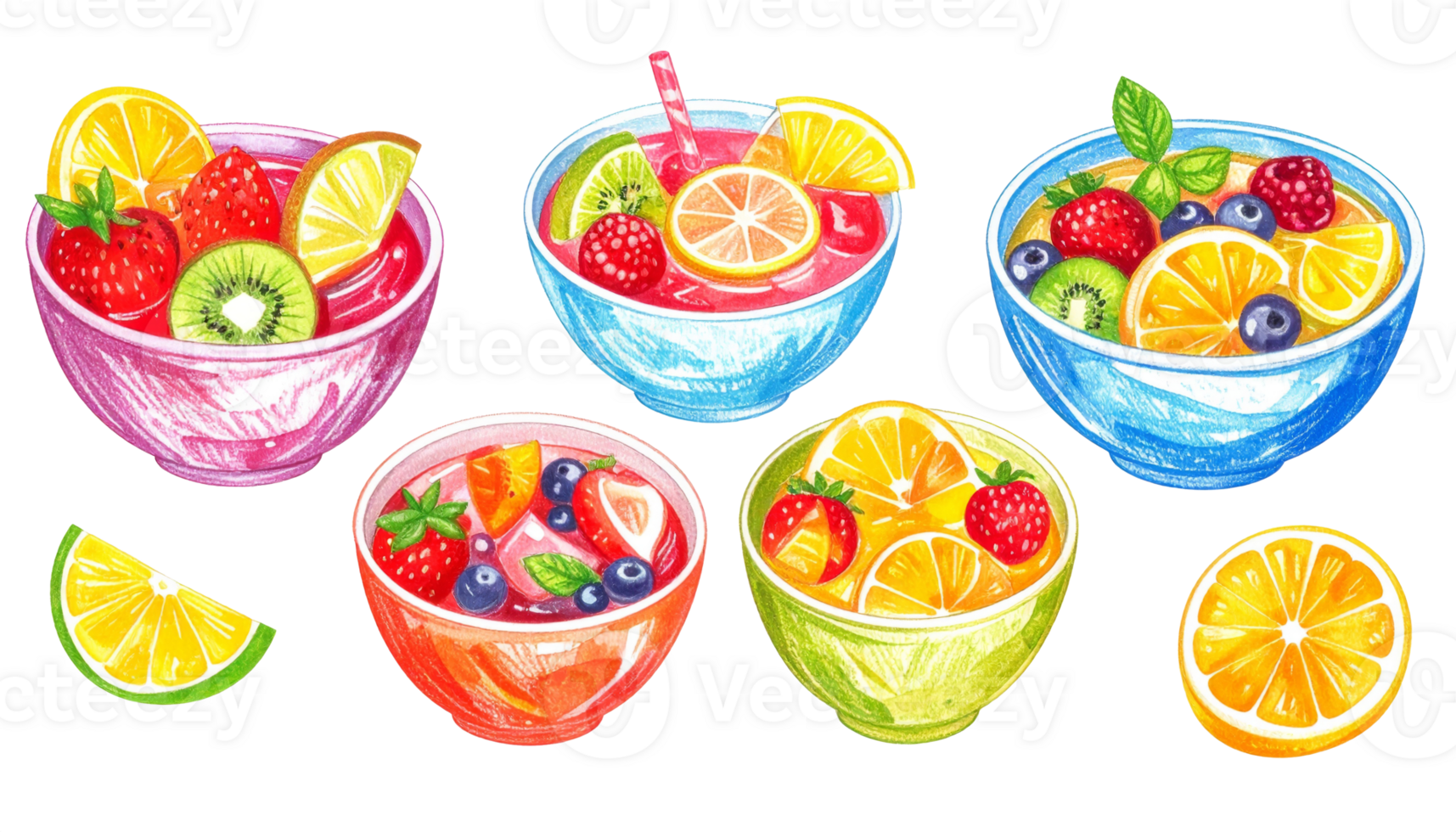 Colorful Fruit Bowls and Slices on Transparent Background png