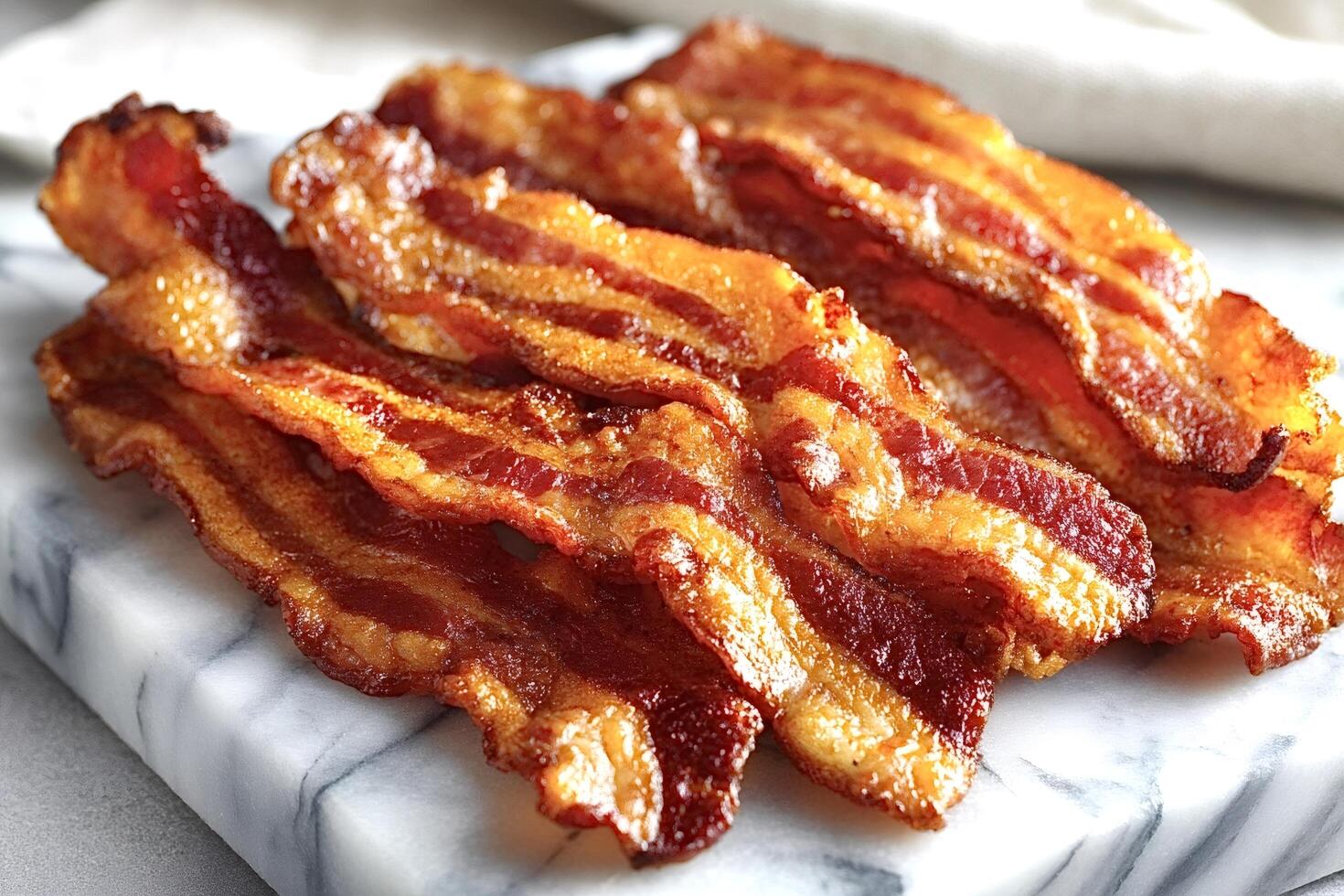 Crispy bacon strips resting on marble cutting board photo