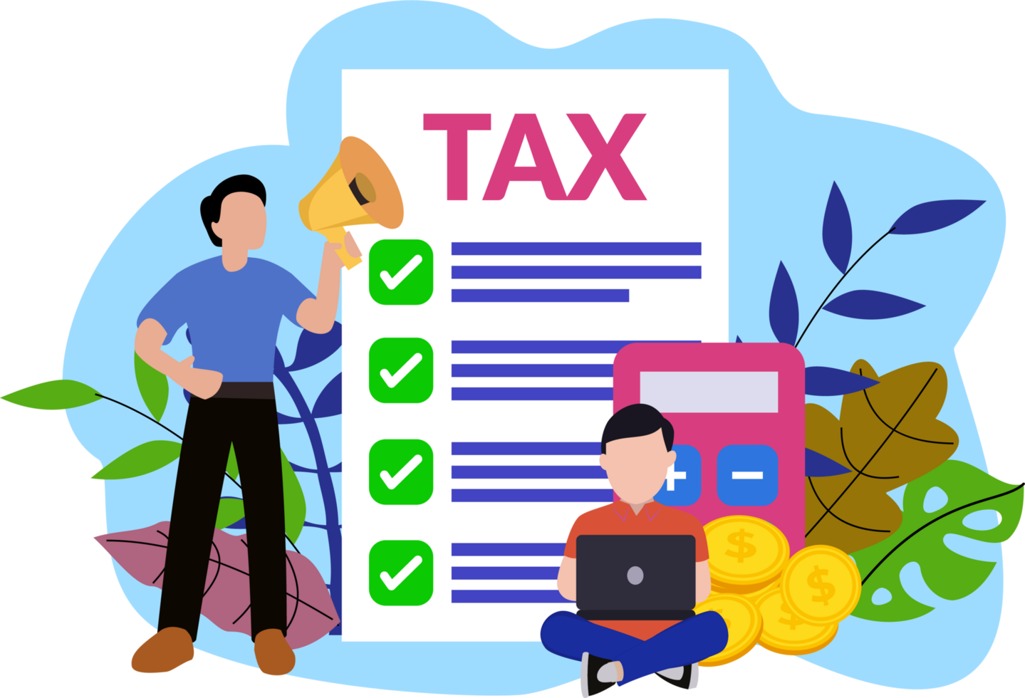 tax payment warning illustration. man hold megaphone with big tax form illustration. tax illustration. Monthly expense planning. Tax with businessman flat illustration png