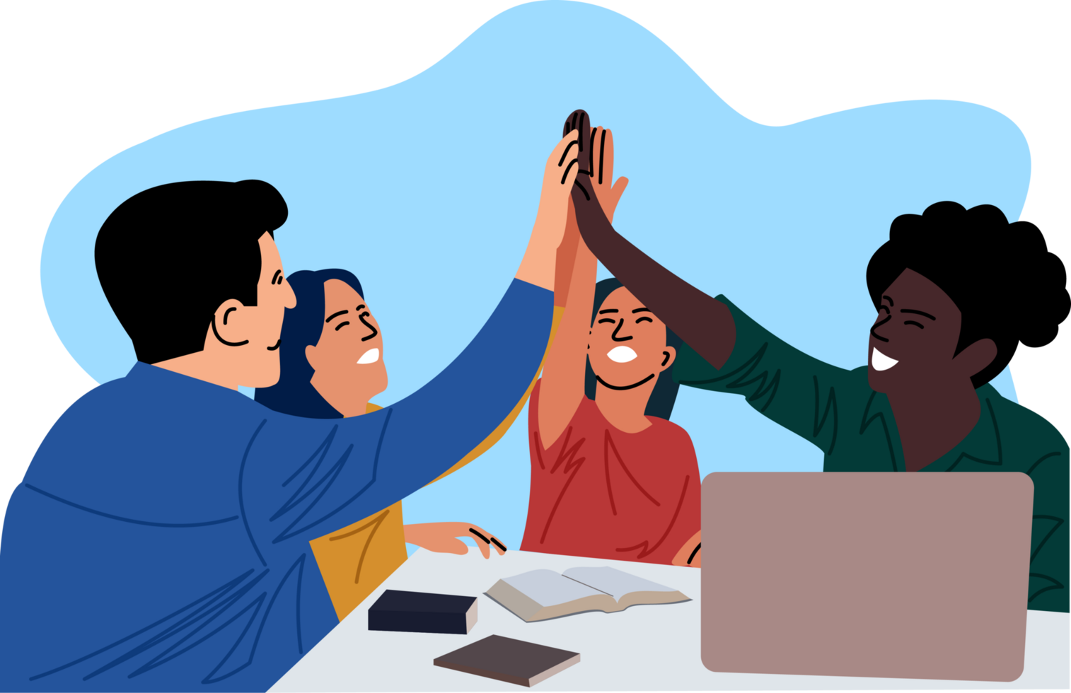 Successful business team rejoicing at completion of project. diverse hands reaching for unity. teamwork. teamwork. meeting png