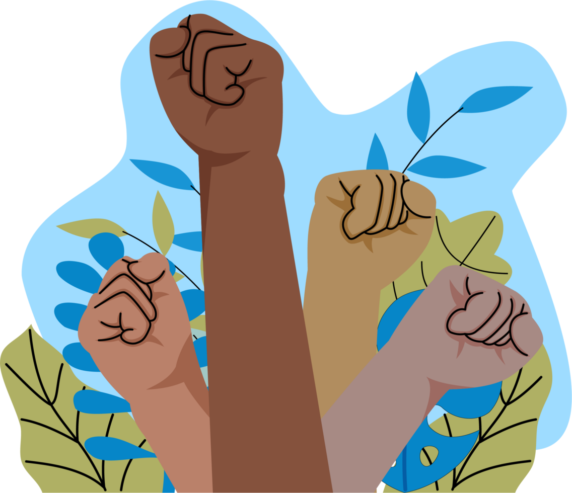 Illustration of clenched fist. multiracial raised fists. labour. juneteenth png