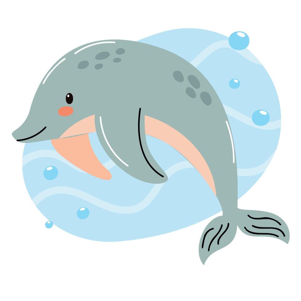 A cartoon dolphin swims playfully in blue water. The dolphin has a light gray body with darker spots and a cheerful expression. Bubbles surround it. vector