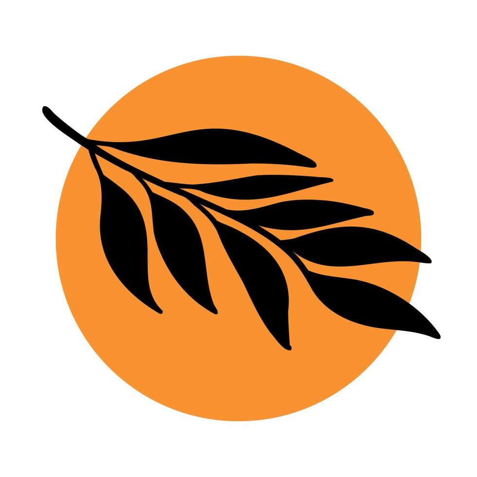 A black leaf silhouette against an orange circular background. The design is simple and modern, suitable for various creative projects. vector