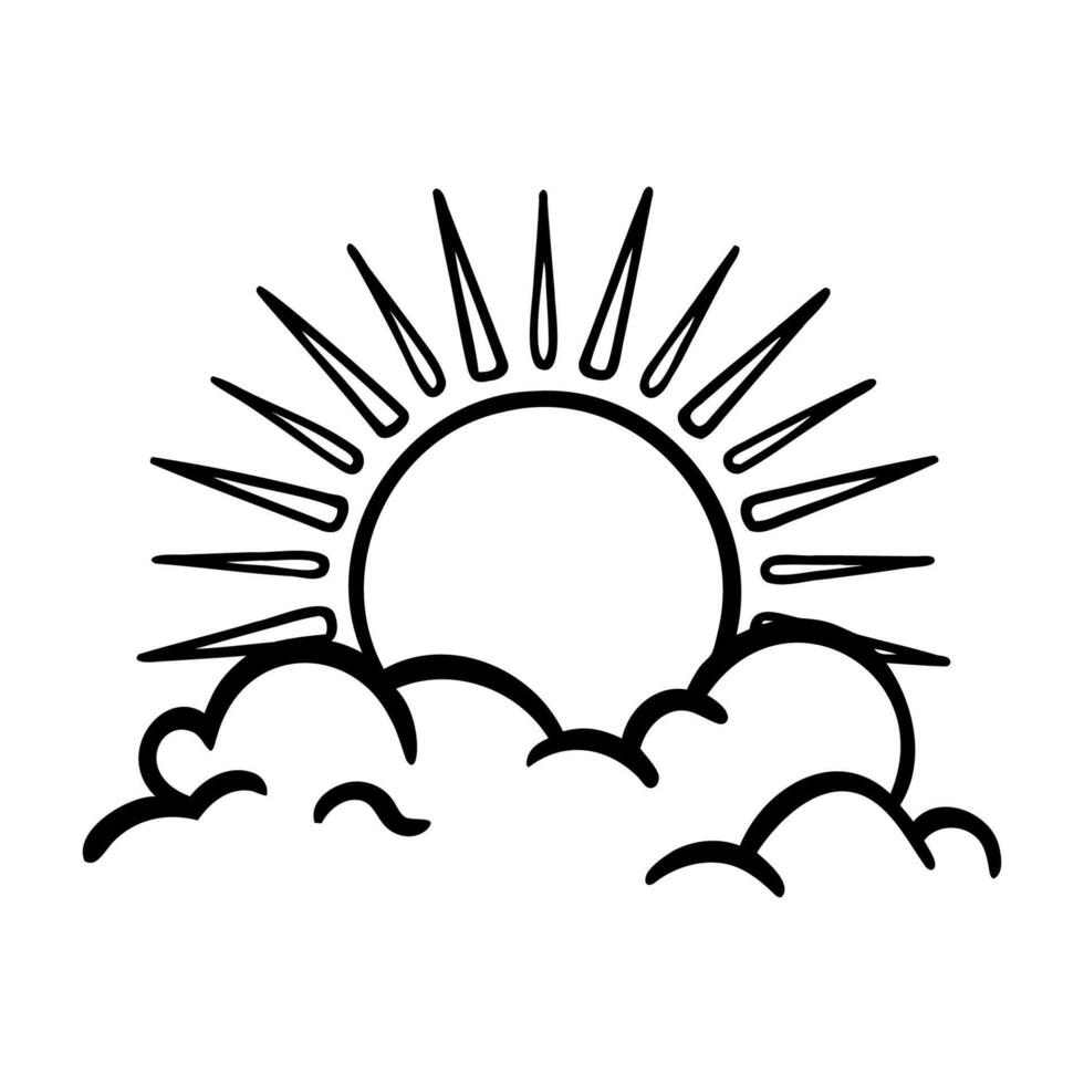 Black sun partially covered by clouds with rays extending outward in a simple line art style. vector