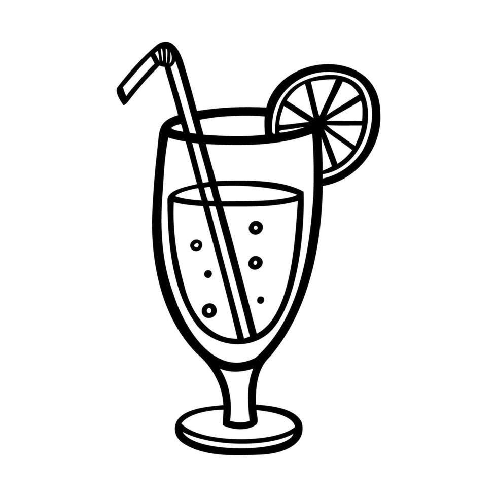 Black and white line drawing of a cocktail glass with a straw and a lemon slice on the rim. vector