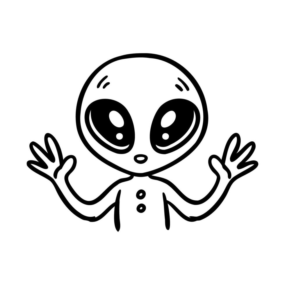 A cartoon alien character with large eyes and a small body. The alien has a simple design with a round head and is waving its hands. vector