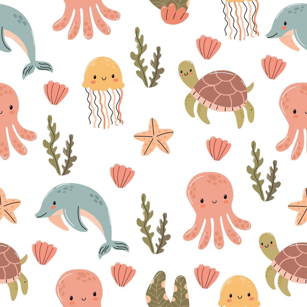 A colorful marine-themed pattern featuring dolphins, octopuses, jellyfish, turtles, seashells, and seaweed on a white background. vector