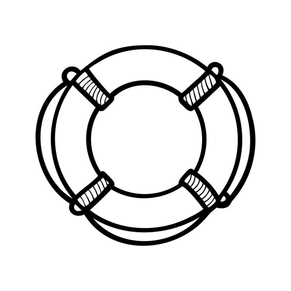 White lifebuoy with four black ropes arranged evenly around the ring on a white background. vector