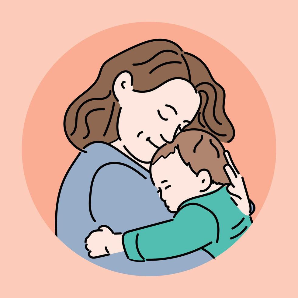 Mother embracing child with love and tenderness, set of baby care and breastfeeding icons in flat cartoon vector