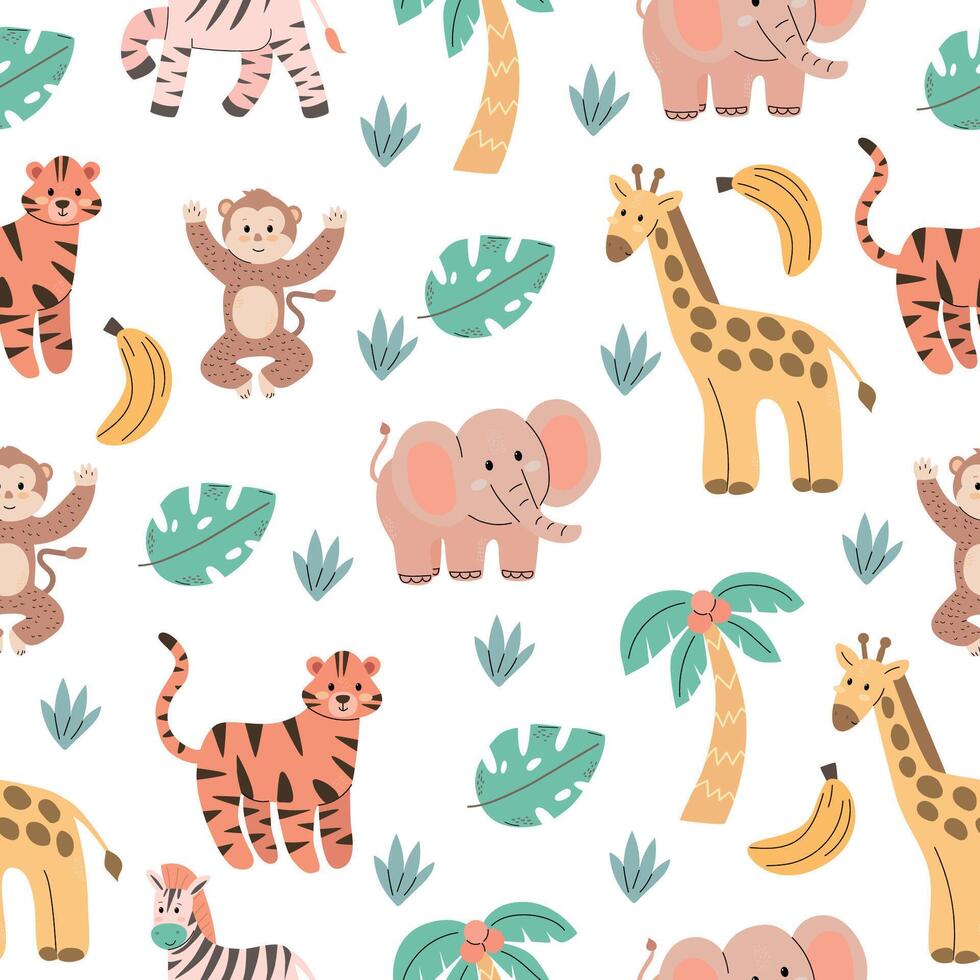 A playful pattern featuring cartoon animals including a monkey, elephant, giraffe, and tigers among tropical leaves and bananas. Bright and colorful design. vector