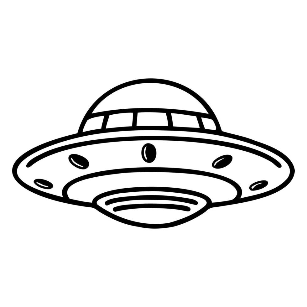A simple line drawing of a flying saucer. The UFO features a dome-shaped top and a circular base with lights around the edge. It represents science fiction themes. vector
