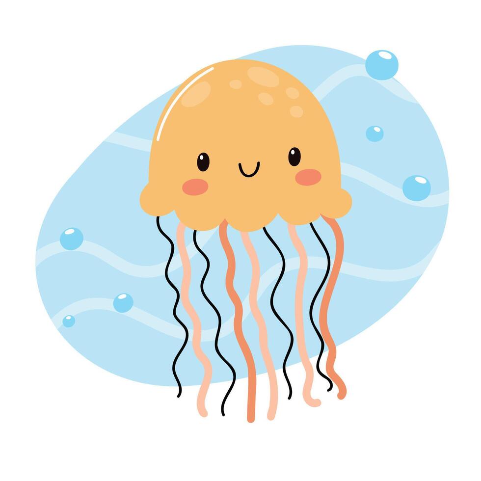 A cute cartoon jellyfish with a yellow body and long black tentacles swims in a light blue background with bubbles. The jellyfish has a smiling face. vector