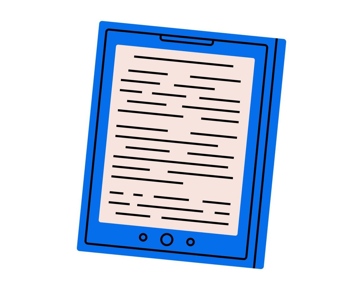 Hand drawn cute cartoon illustration of electronic book reader. Flat education or study device doodle. Online library icon. Ebook tablet or phone app. Page with text on screen. Isolated. vector