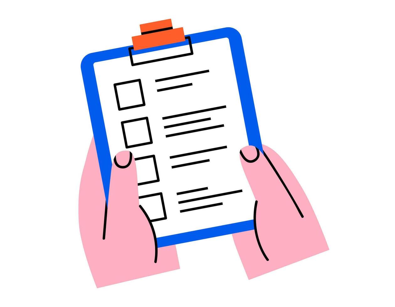 Hand drawn cute cartoon illustration of two hands holding clipboard. Flat check list form with empty checkbox sticker doodle. Planning or time management. Todo document in arm icon. Isolated. vector