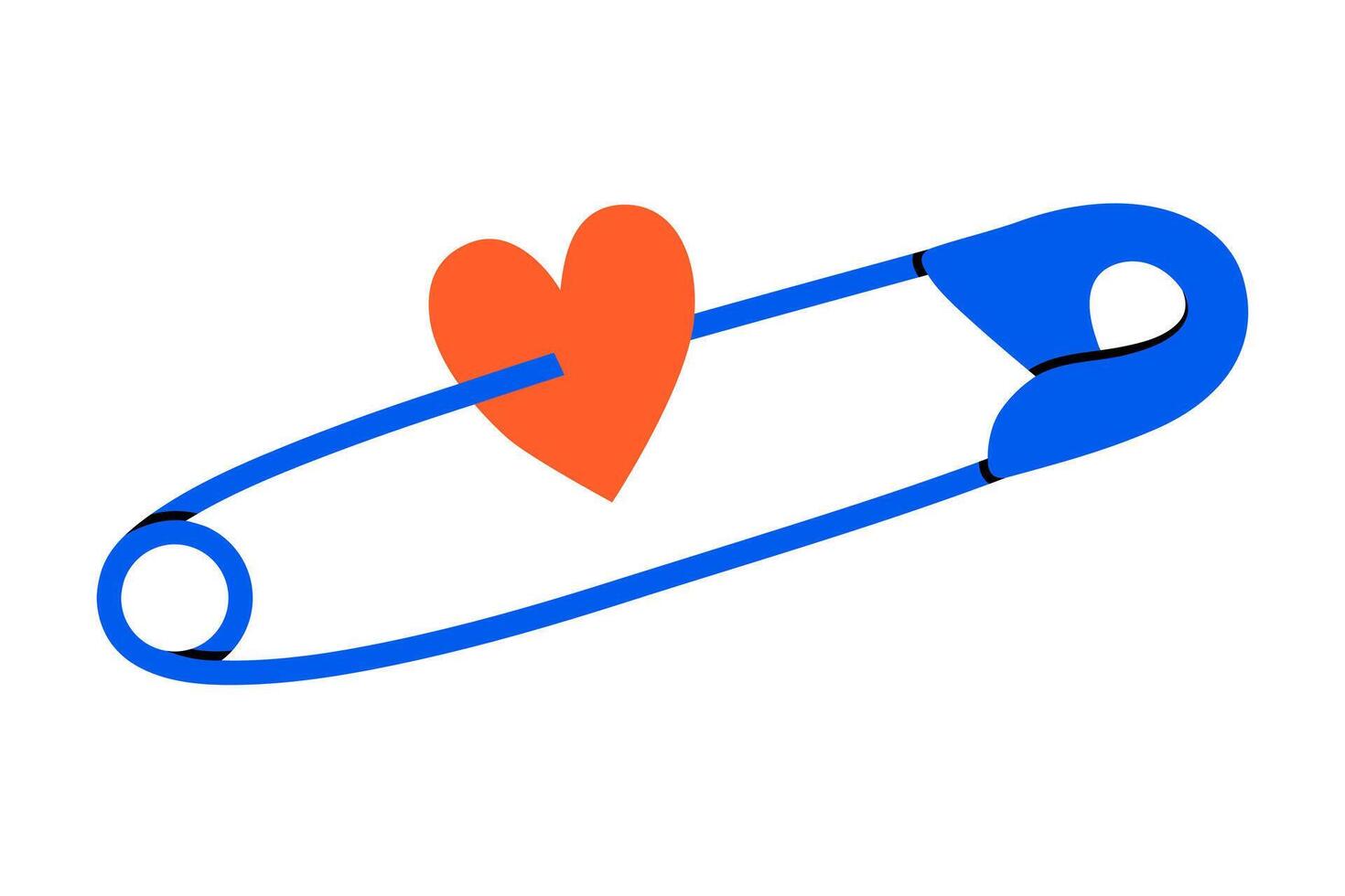 Hand drawn cute cartoon illustration safety pin with pierced heart. Flat sewing clip with needle doodle. Falling in love. Romantic feelings icon or sticker. Abusive relationships sign. Isolated vector