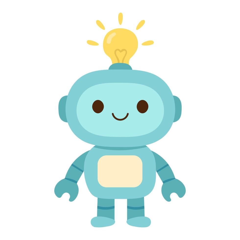 Robot cartoon character with light bulb head. Cute blue robot illustration for kids. Friendly artificial intelligence clipart. vector
