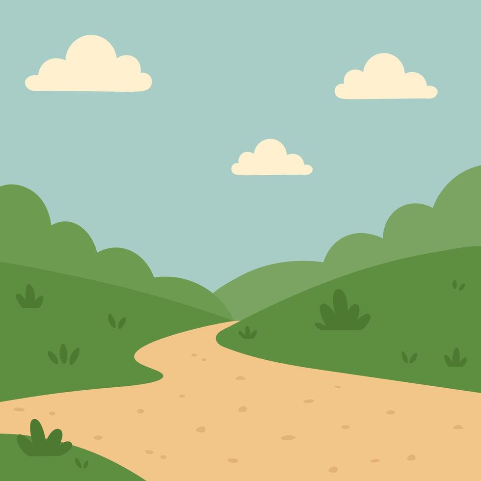 Winding country path through green meadow hills with clouds. Rolling hills path illustration. Cartoon dirt road landscape. Nature trail background vector