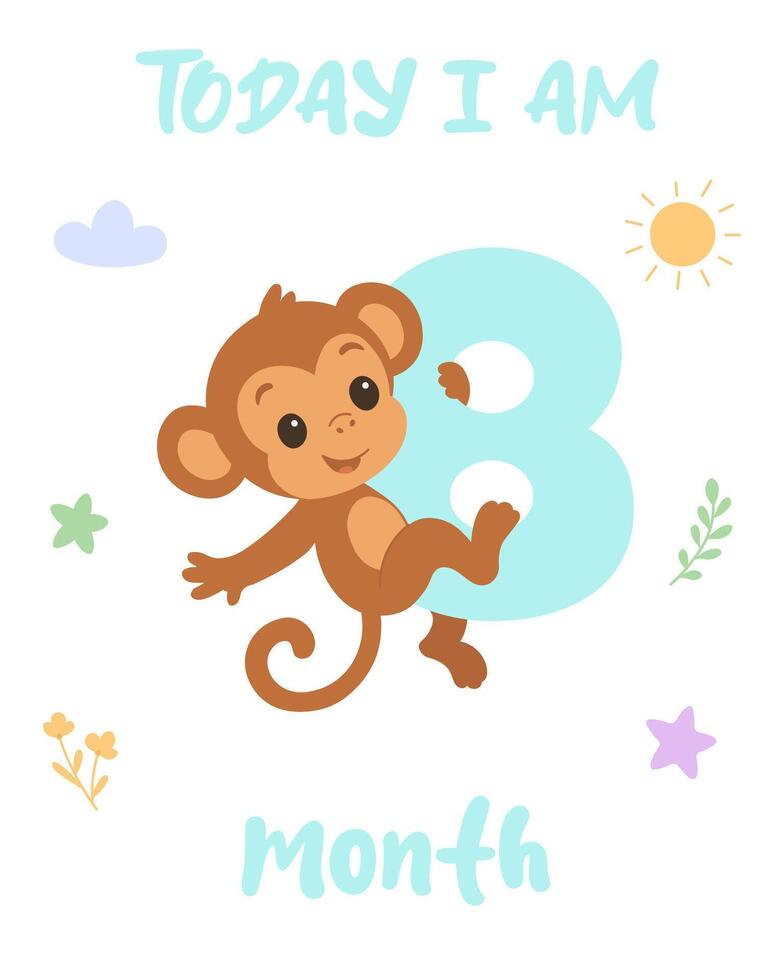 Monkey eight month milestone illustration. Baby growth chart design. Cute animal birthday number art vector