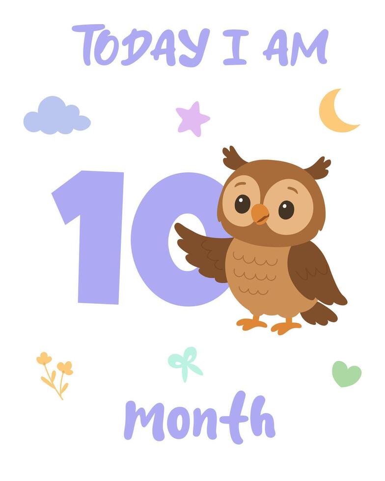 Owl ten months milestone illustration. Baby age chart design. Cute monthly celebration graphic vector