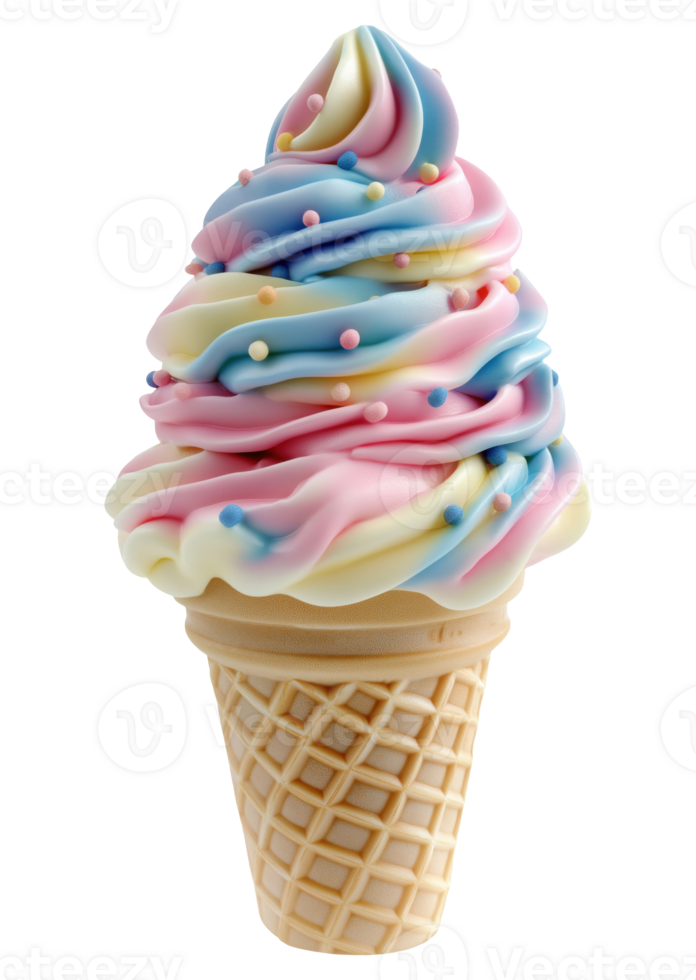 Colorful rainbow soft serve ice cream cone isolated on transparent background png