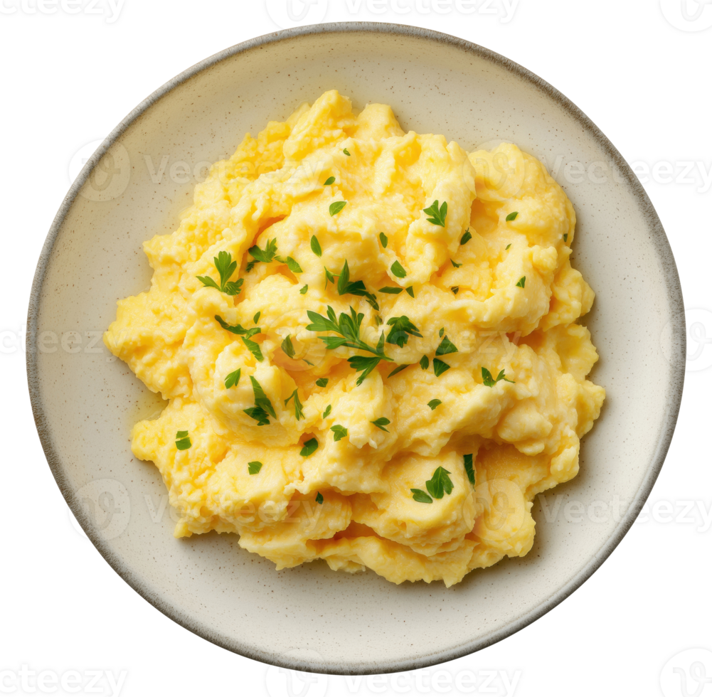 Plate with scrambled eggs isolated on transparent background, top view png
