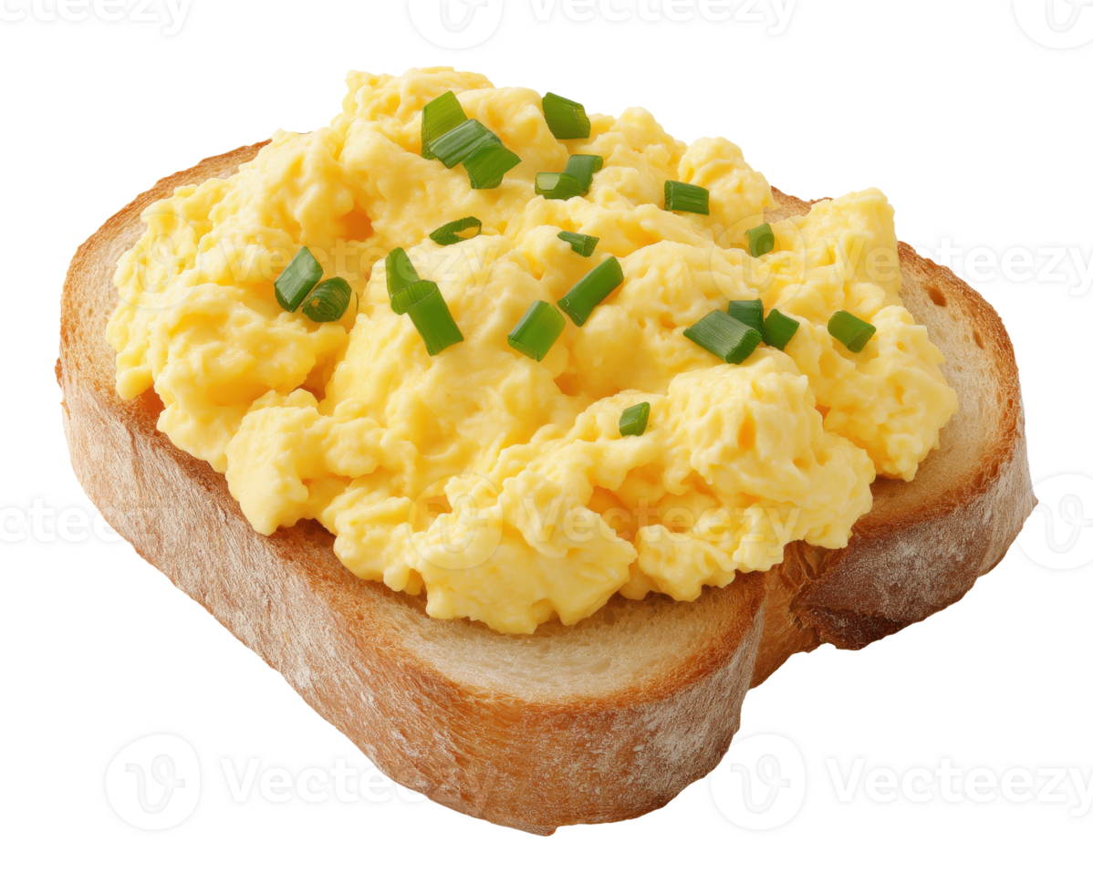 Scrambled eggs served on toasted bread slice isolated on transparent background png