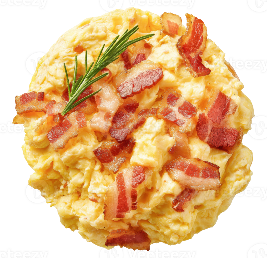 Fluffy scrambled eggs with crispy bacon pieces isolated on transparent background png