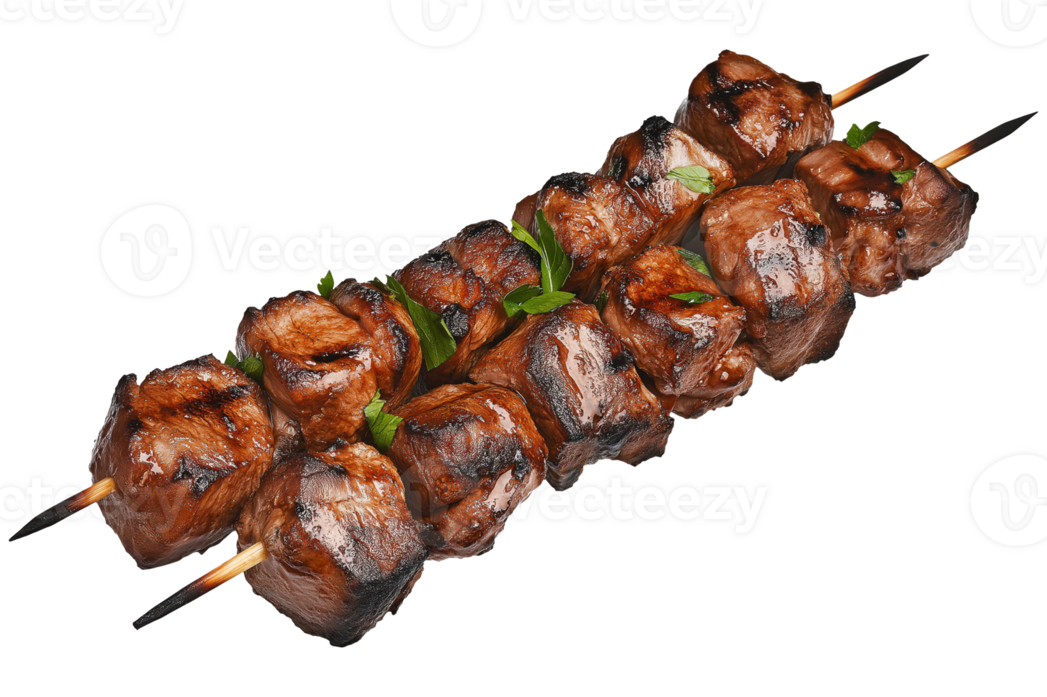 Delicious grilled meat on wooden skewers isolated on transparent background png