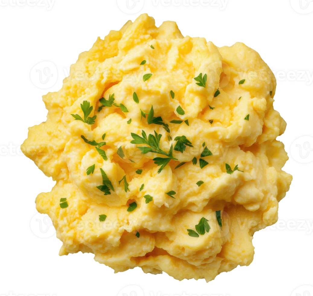 Scrambled eggs with parsley isolated on transparent background, top view png