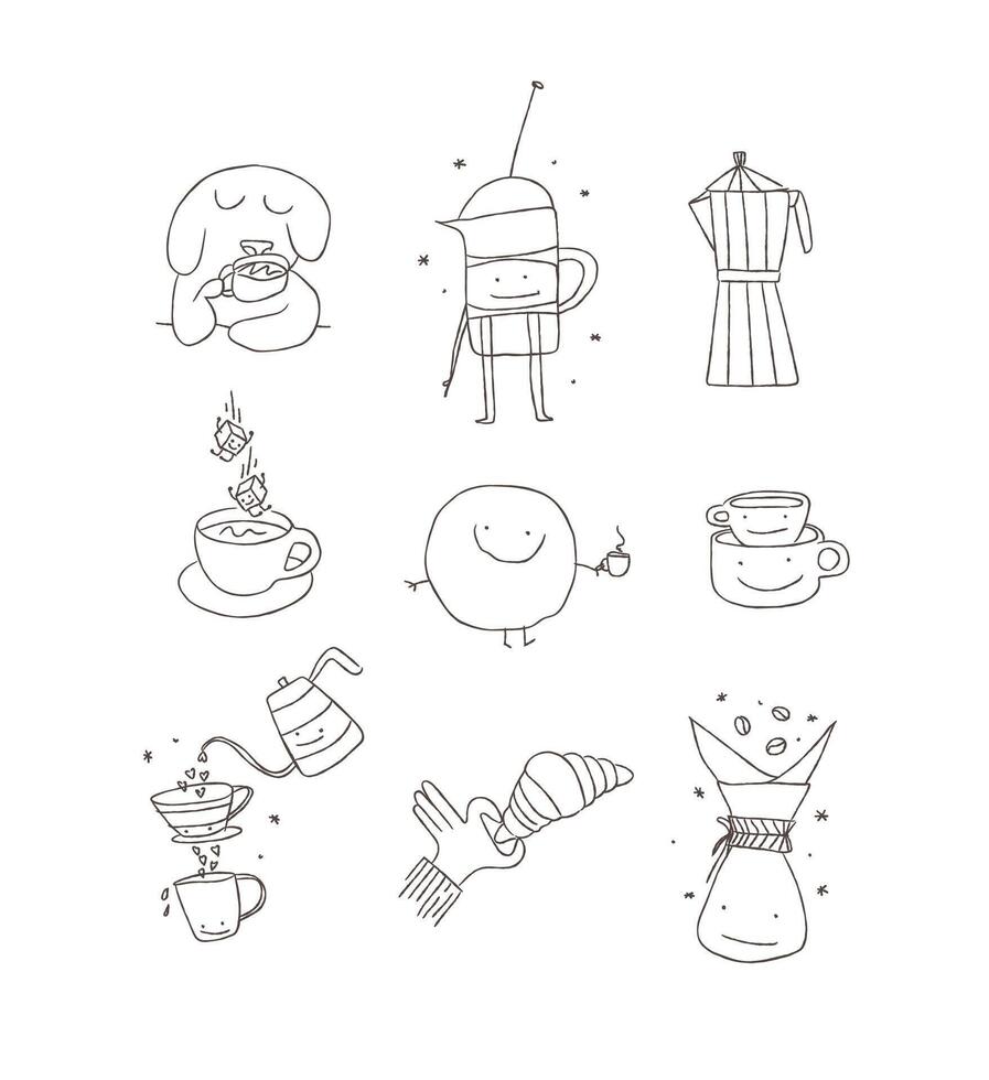 Cute coffee set collection dog with cup, french press, pot, cookie, sugar, hand with croissant, drip drawing on white background illustration vector