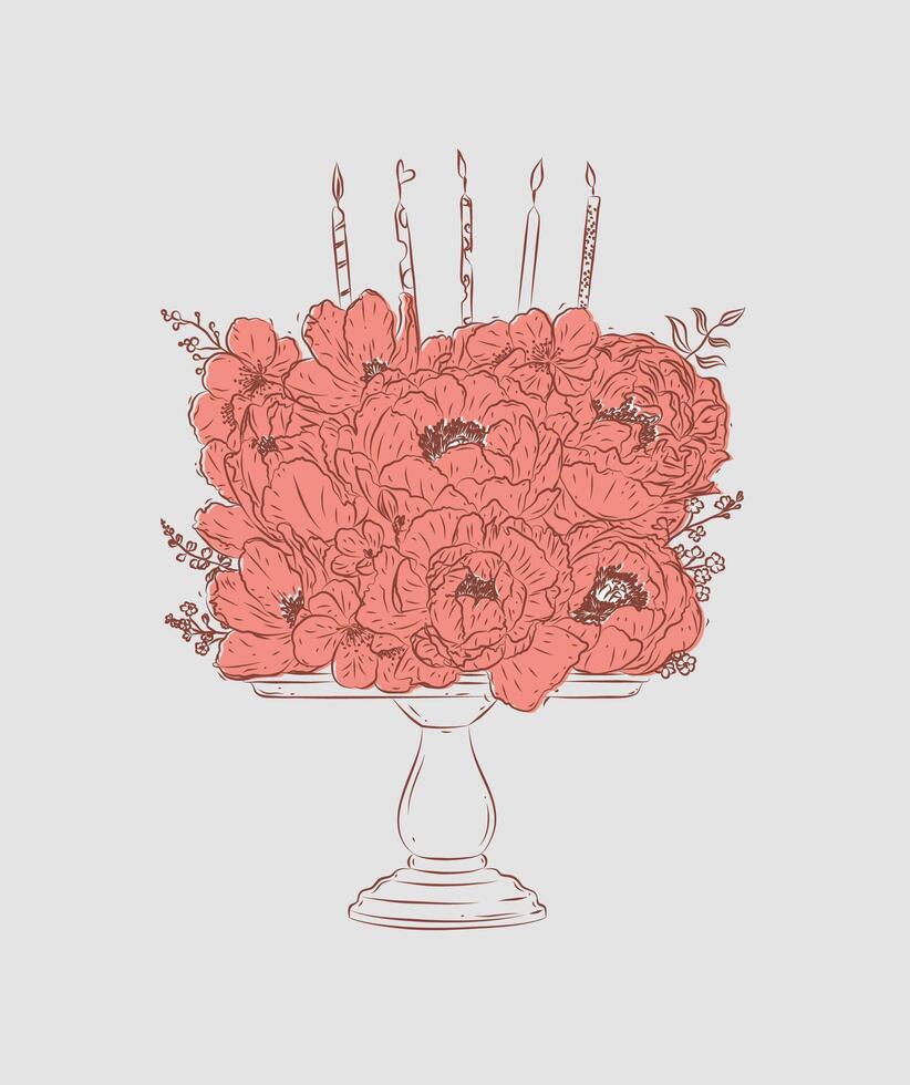 Cake on stand made with flowers and candles drawing in floral style with brown and pink on beige background vector