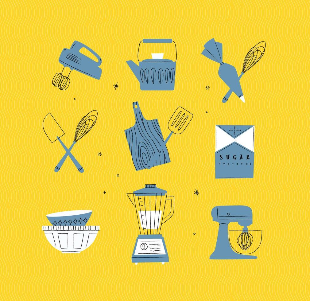 Kitchen appliances mixer, teapot, pastry bag and whisk, sugar pack, bowl, blender illustrations drawing in vintage style on yellow background vector