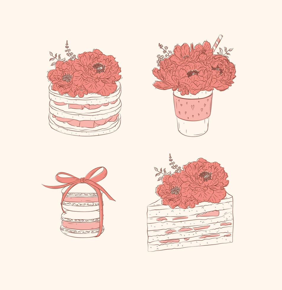 Bakery graphic illustrations coffee cup, macarons, cake, pancakes drawing in floral style with coral on beige background vector