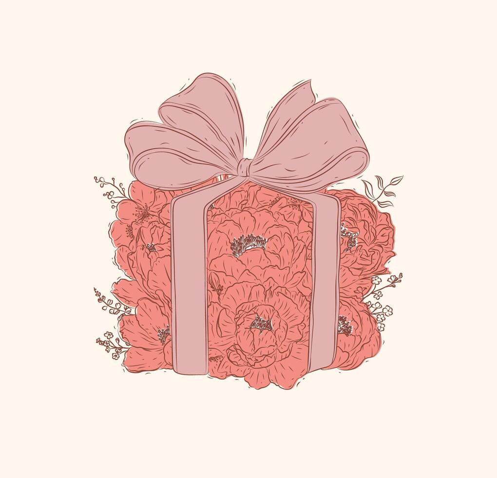Gift box made with flowers and bows drawing in floral style with coral on beige background vector