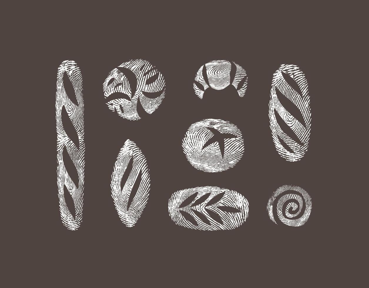 Bread fingerprint collection baguette, sourdough, pumpernickel, rye, long leaf, roll, croissant, whole grain drawing on brown background. vector
