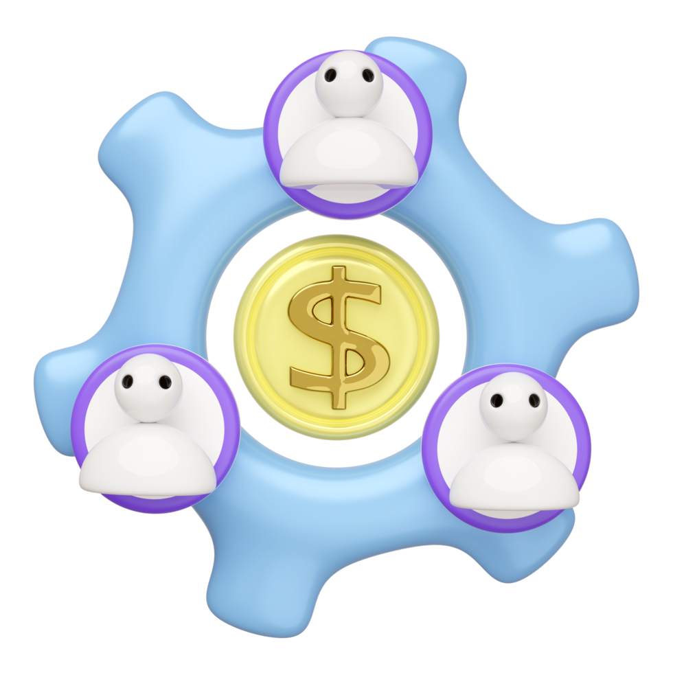 3d gear icon with people team isolated. Teamwork concept, cartoon style, 3d render illustration png