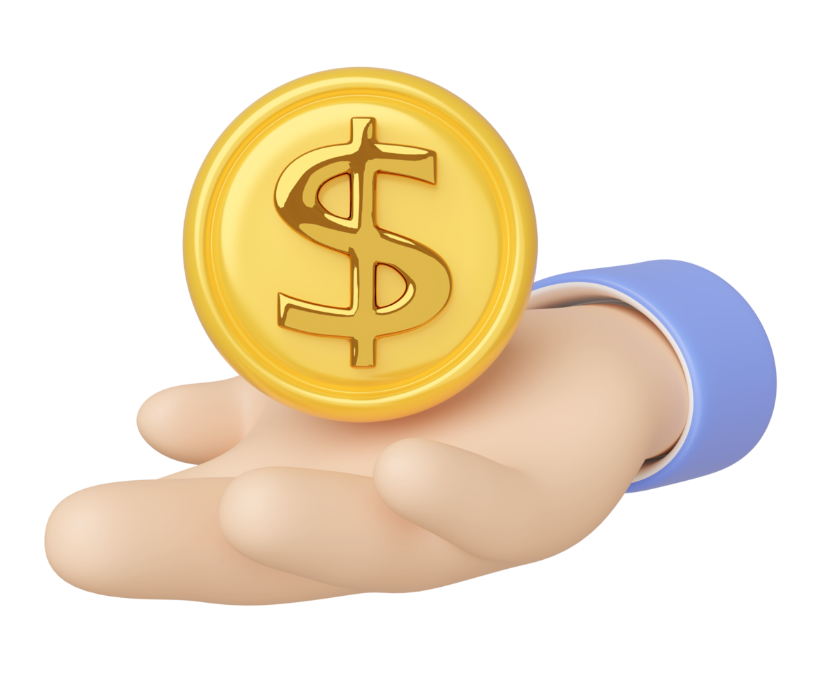 3d hand holding dollar coins icon isolated. investment business concept, cartoon style. 3d render illustration png